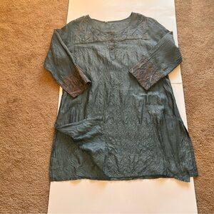 Boho Embroidered Tunic Top Blue Gray Crinkle Cotton Long Sleeve Artisan